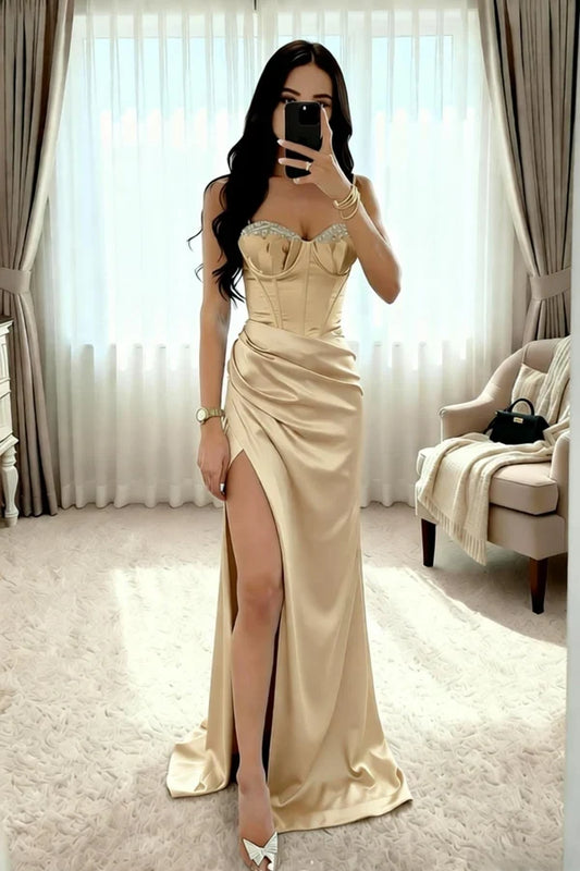 Charming Mermaid Spaghetti Straps Sweetheart Sleeveless Beaded Corset Slit Satin Floor-Length Evening Dress