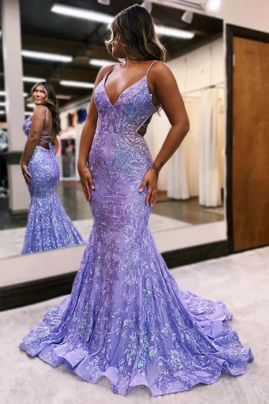 Charming Mermaid Spaghetti Straps V-Neck Sleeveless Sequined Lace-Up Back Long Prom Dress