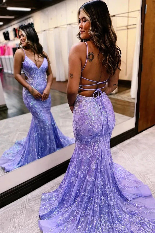 Charming Mermaid Spaghetti Straps V-Neck Sleeveless Sequined Lace-Up Back Long Prom Dress