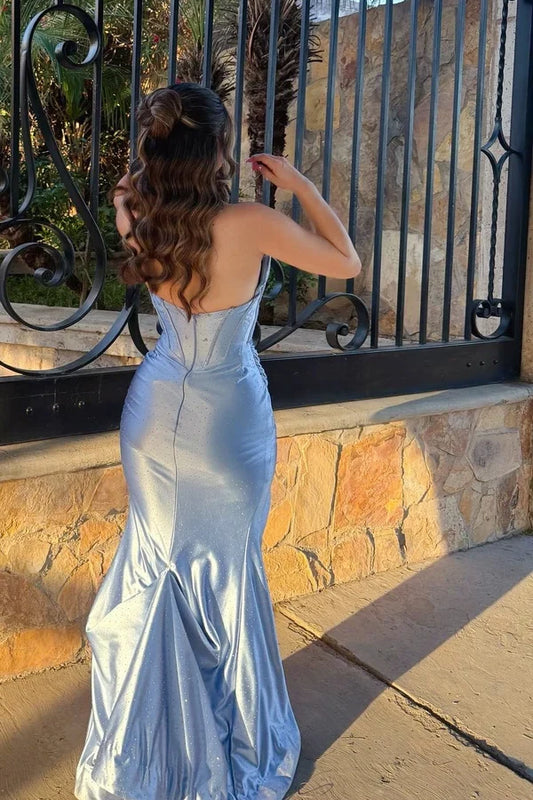 Charming Mermaid Strapless Sleeveless Beaded Corset Slit Satin Sky Blue Floor-Length Prom Dress
