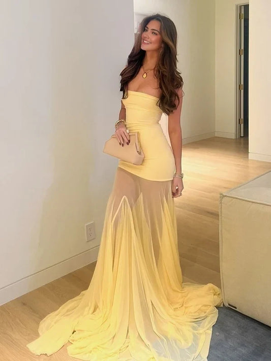 Charming Mermaid Strapless Sleeveless Yellow Long Prom Dress for Women