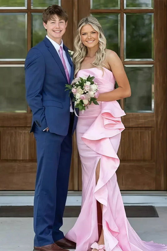 Charming Mermaid Strapless Sleeveless Ruffled Satin Floor-Length Prom Dress with Slit