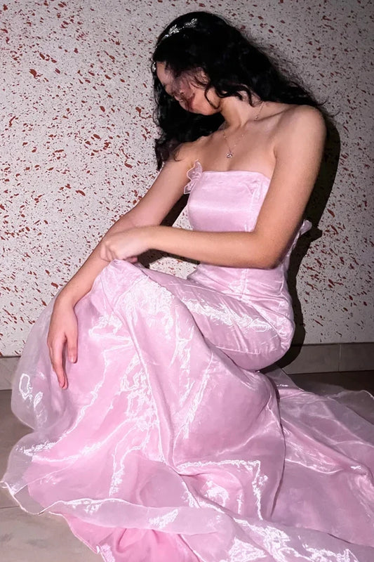 Charming Mermaid Strapless Sleeveless Ruffled Train Floor-Length Prom Dress