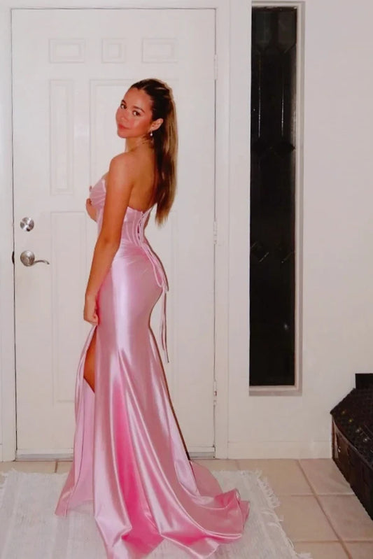 Charming Mermaid Sweetheart Sleeveless Corset Satin Floor-Length Prom Dress with Slit