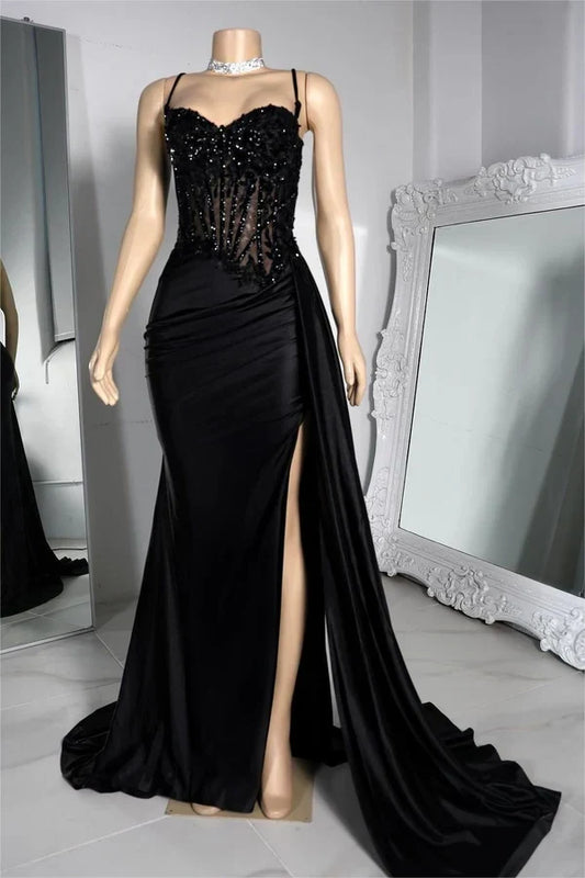 Charming Mermaid Sweetheart Sleeveless Draped Black Long Prom Dress with Slit
