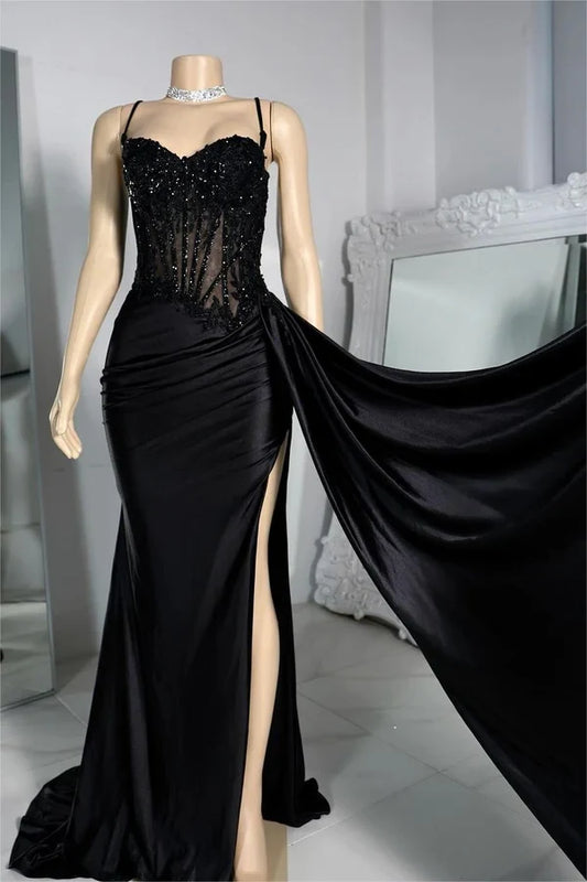Charming Mermaid Sweetheart Sleeveless Draped Black Long Prom Dress with Slit