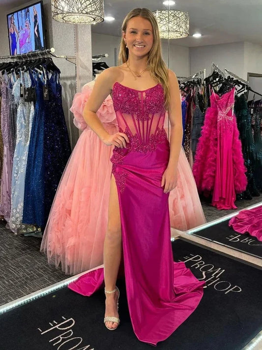 Charming Mermaid Sweetheart Sleeveless Embellished Bodice Satin Fuchsia Long Prom Dress