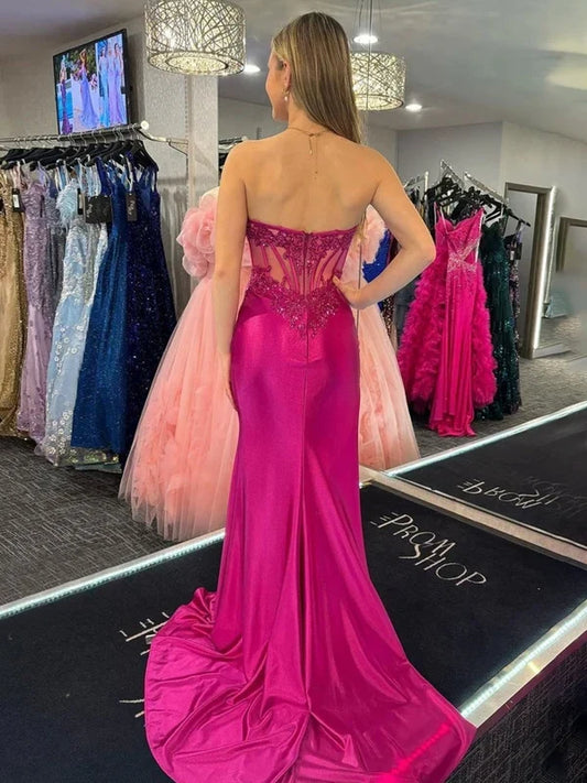 Charming Mermaid Sweetheart Sleeveless Embellished Bodice Satin Fuchsia Long Prom Dress