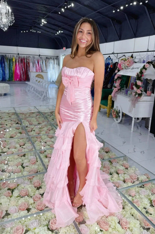 Charming Mermaid Sweetheart Sleeveless Ruched Bow Tiered Slit Satin Pink Floor-Length Prom Dress