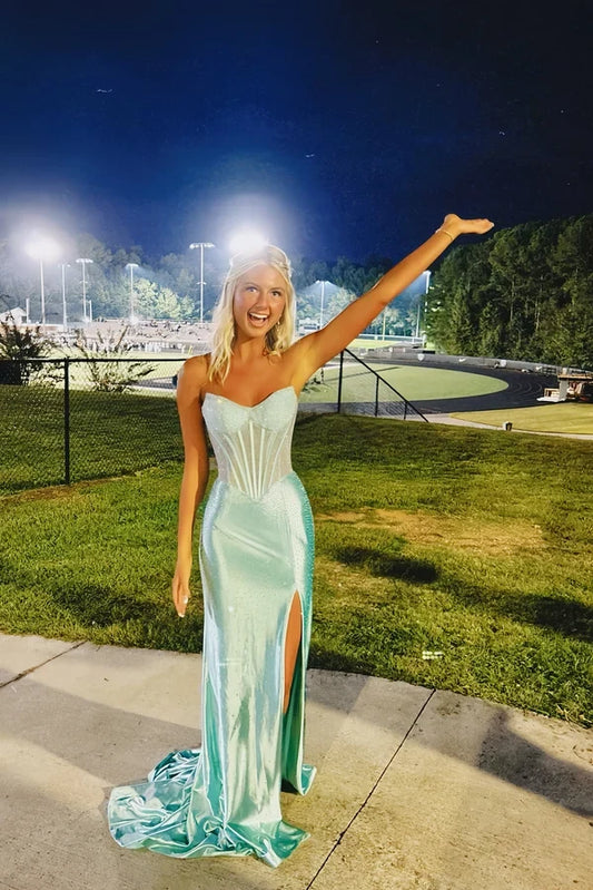 Charming Mermaid Sweetheart Sleeveless Sparkly Beaded Long Evening Dress With Slit