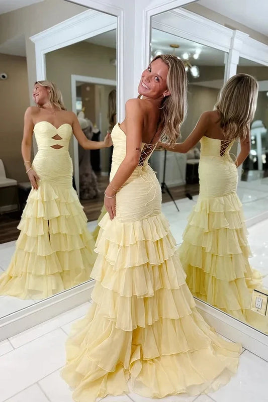 Charming Mermaid Sweetheart Sleeveless Tiered Ruffle Cutout Chiffon Floor-Length Prom Dress