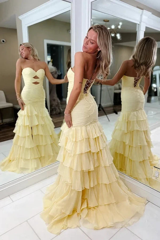 Charming Mermaid Sweetheart Sleeveless Tiered Ruffle Cutout Chiffon Floor-Length Prom Dress