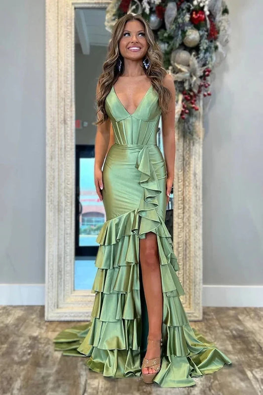 Charming Mermaid V-Neck Sleeveless Ruffled Tiered Satin Floor-Length Prom Dress with Slit
