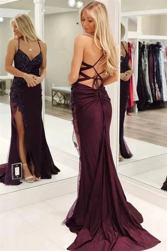 Charming Mermaid V-Neck Spaghetti Strap Slit Long Prom Dress with Appliques