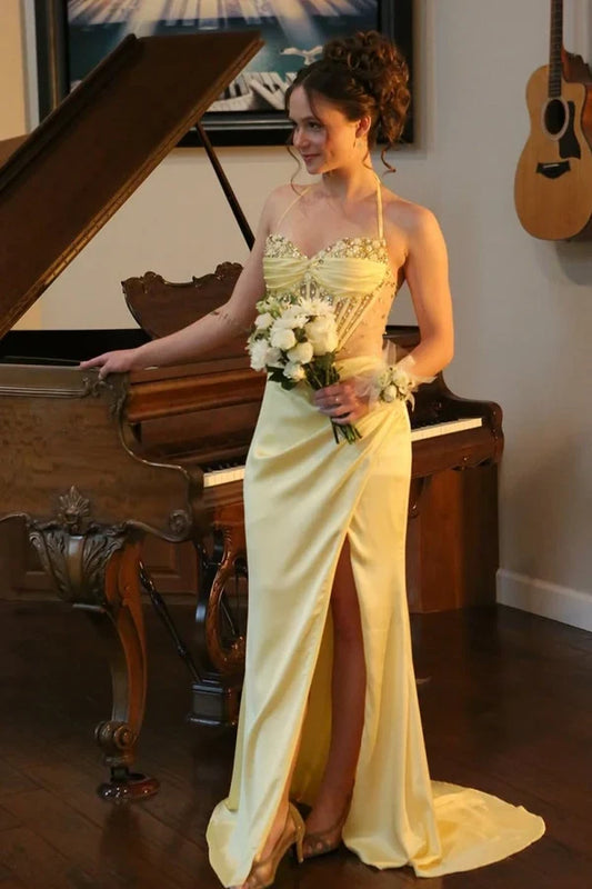 Charming Sheath Halter Sleeveless Beaded Satin Yellow Floor-Length Prom Dress With Slit