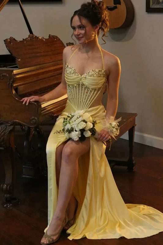 Charming Sheath Halter Sleeveless Beaded Satin Yellow Floor-Length Prom Dress With Slit