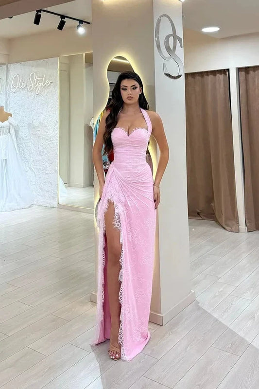 Charming Sheath Halter Sleeveless Ruched Lace Pink Floor-Length Prom Dress