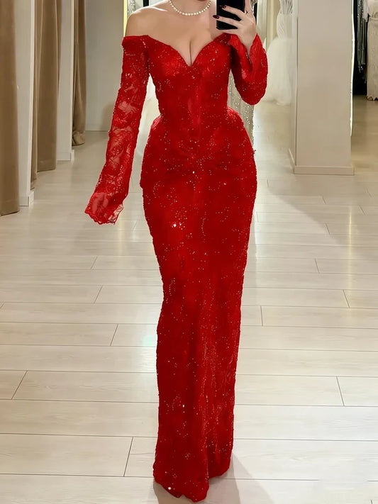 Charming Sheath Off-the-Shoulder Long Sleeve Lace Slit Red Floor-Length Prom Dress