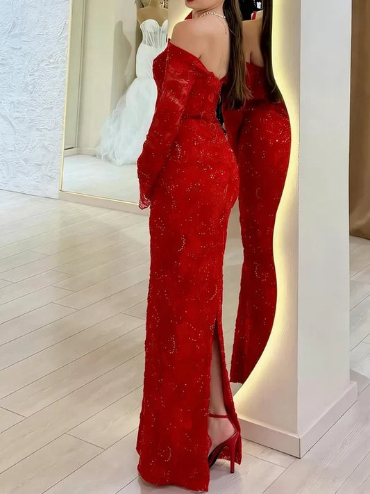 Charming Sheath Off-the-Shoulder Long Sleeve Lace Slit Red Floor-Length Prom Dress
