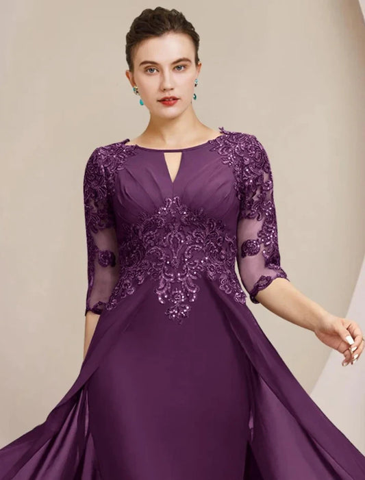 Charming Sheath Scoop Half Sleeve Lace Applique Overlay Chiffon Floor-Length Mother of the Bride Dress