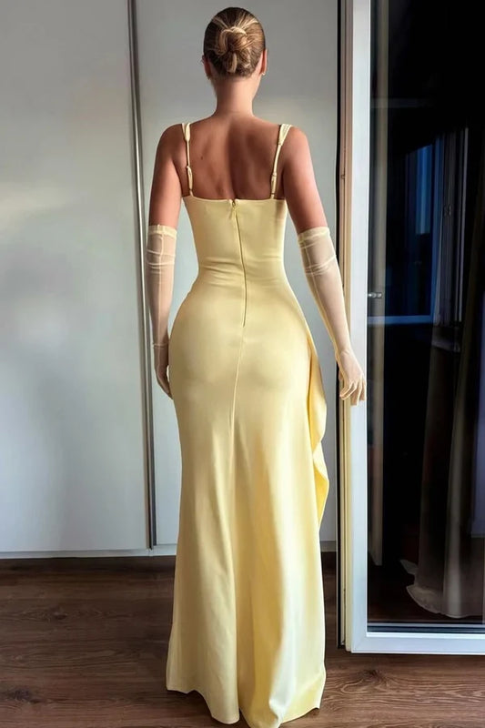 Charming Sheath Square Sleeveless High Slit Ruched Floor-Length Evening Dress No With Gloves