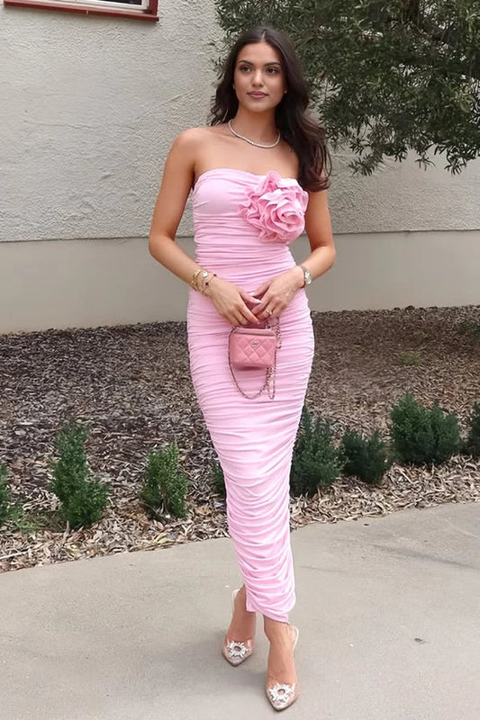 Charming Sheath Strapless Sleeveless Ruched Floral Pink Party Dress