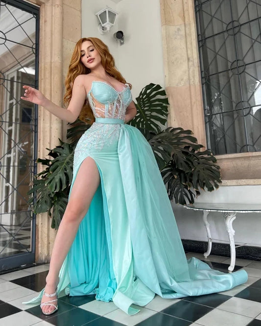 Charming Sheath Sweetheart Sleeveless High Slit Overskirt Satin Long Prom Dress