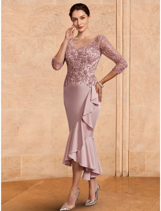 Charming Sheath V-Neck 3/4 Sleeve Ruffled Tea-Length Mother Of The Bride Dress