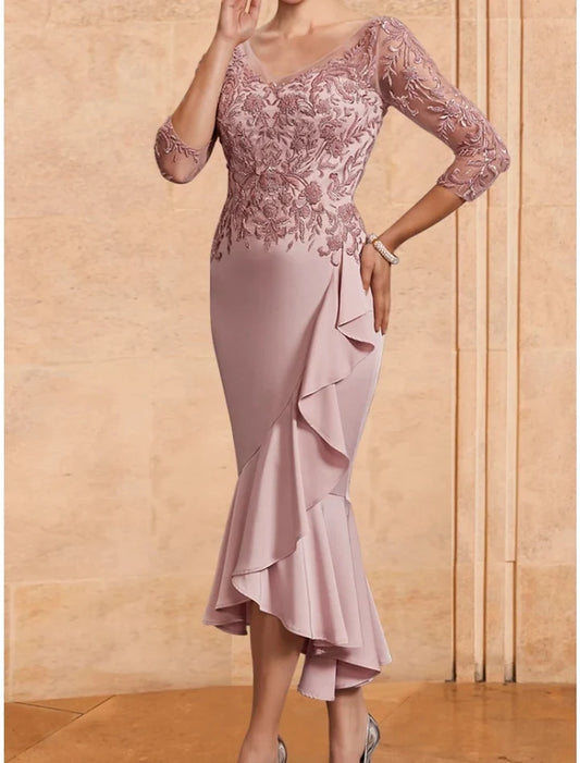 Charming Sheath V-Neck 3/4 Sleeve Ruffled Tea-Length Mother Of The Bride Dress