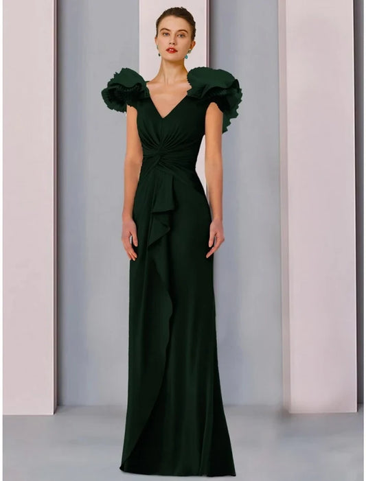 Charming Sheath V-Neck Flutter Sleeve Ruched Draped Floor-Length Mother of the Bride Dress