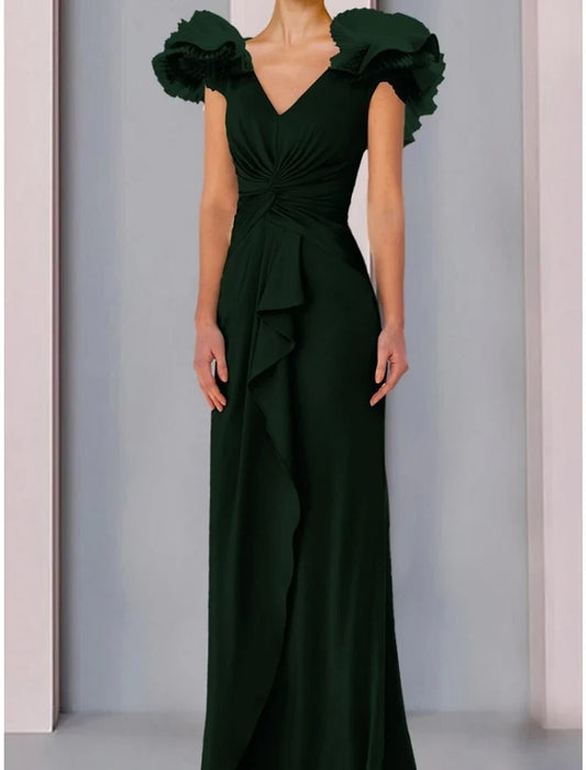 Charming Sheath V-Neck Flutter Sleeve Ruched Draped Floor-Length Mother of the Bride Dress