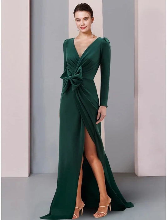 Charming Sheath V-Neck Long Sleeve Draped Bow Slit Floor-Length Mother of the Bride Dress