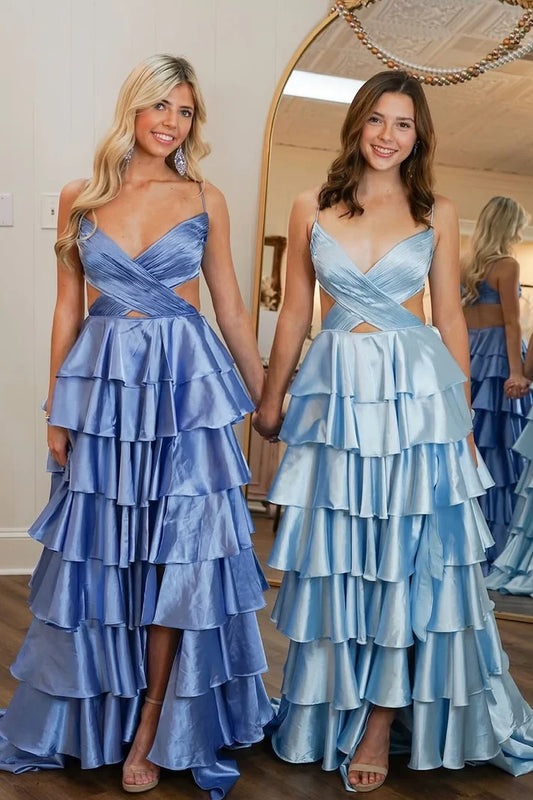 Charming Spaghetti Straps A-Line Sleeveless Ruffled Tiered Blue Satin Long Prom Dress