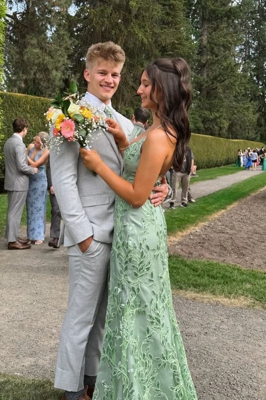 Charming Spaghetti Straps A-Line V-Neck Sleeveless Lace Floor-Length Prom Dress With Slit