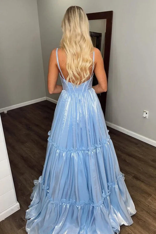Charming Spaghetti Straps A-Line V-Neck Sleeveless Tiered Ruffle Sky Blue Floor-Length Prom Dress