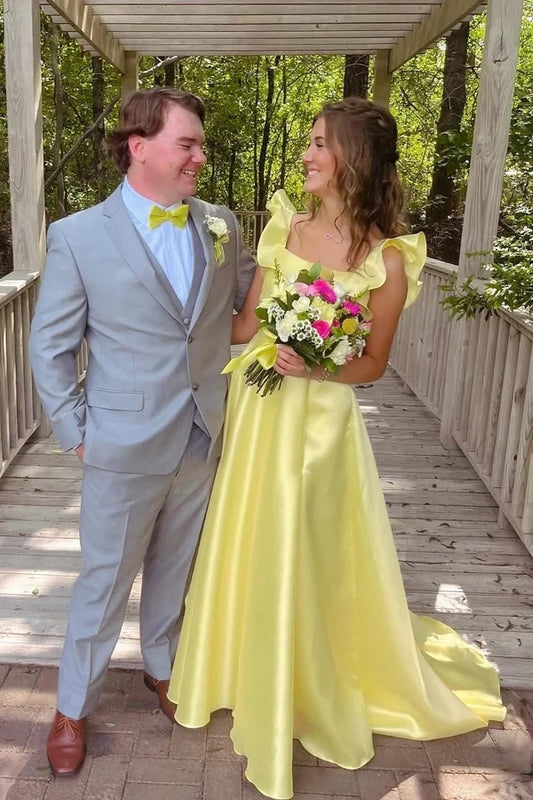 Charming Square Neck A Line Ruffle Strap Satin Yellow Floor-Length Prom Dress