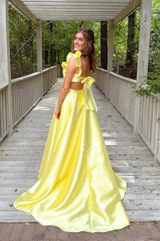 Charming Square Neck A Line Ruffle Strap Satin Yellow Floor-Length Prom Dress