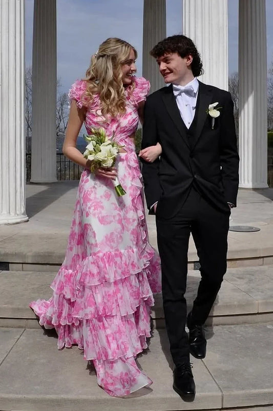 Charming V-Neck Short Sleeve Floral Ruffled Chiffon Floor-Length Prom Dress