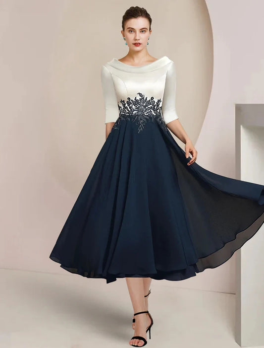 Chic A-Line 3/4 Sleeve Embroidered Chiffon Tea-Length Satin Mother of the Bride Dress