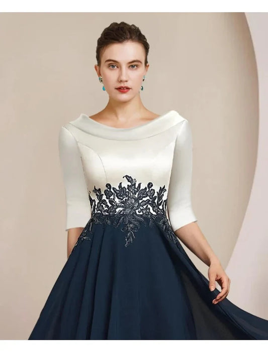 Chic A-Line 3/4 Sleeve Embroidered Chiffon Tea-Length Satin Mother of the Bride Dress