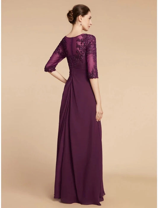 Chic A-Line Half Sleeve Embellished Lace Chiffon Floor-Length Mother of the Bride Dress