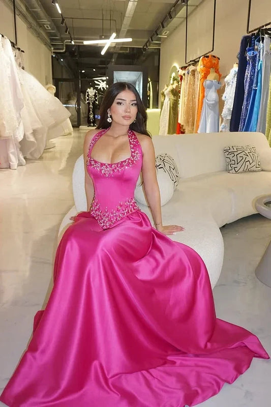 Chic A-Line Halter Sleeveless Beaded Bodice Satin Fuchsia Floor-Length Evening Dress