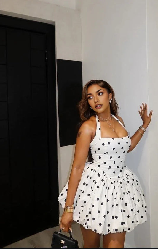 Chic A-Line Halter Sleeveless Polka Dot Bubble Hem Short Homecoming Party Dress