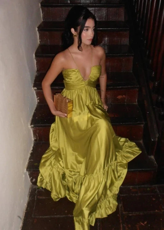 Chic A-Line Halter Sleeveless Ruched Cutout Ruffled Satin Floor-Length Party Dress