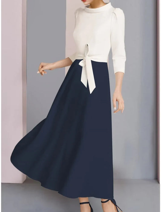 Chic A-Line High Neck 3/4 Length Sleeves Tie-Front Tea-Length Mother of the Bride Dress