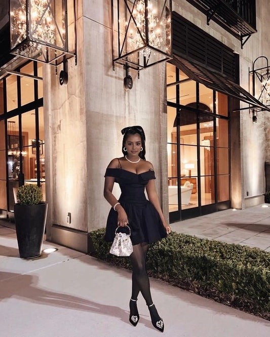 Chic A-Line Off-the-Shoulder Sleeveless Flared Mini Black Short Party Homecoming Dress