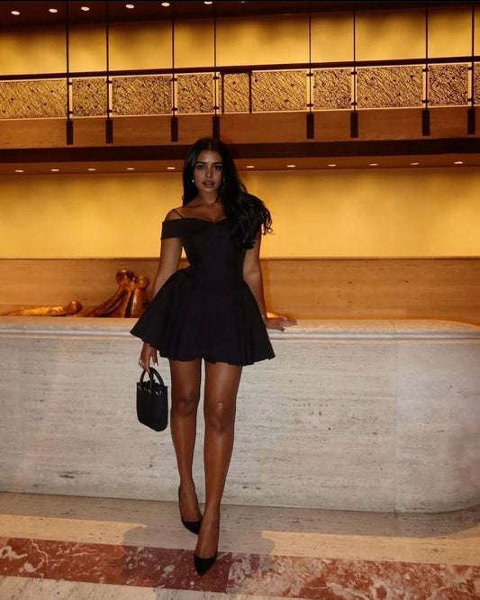 Chic A-Line Off-the-Shoulder Sleeveless Flared Mini Black Short Party Homecoming Dress