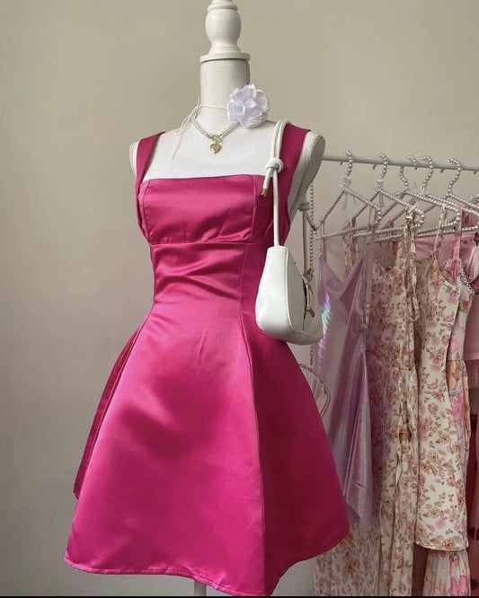 Chic A-Line Satin Square Neck Sleeveless Bow Back Short Homecoming Party Dress