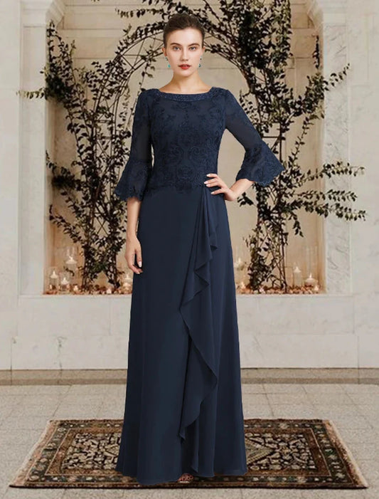 Chic A-Line Scoop 3/4 Sleeve Embroidered Bell Lace Chiffon Floor-Length Mother of the Bride Dress