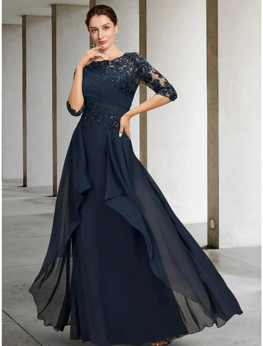 Chic A-Line Scoop Half Sleeve Embellished Lace Chiffon Floor-Length Mother of the Bride Dress